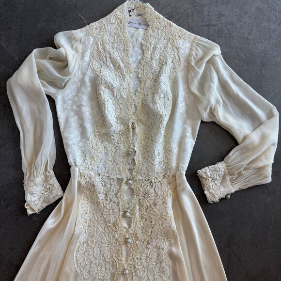 Vintage Y2K Marshall-Rousso Antique White Embroidered Lace Wedding Dress Small - Picture 3 of 10